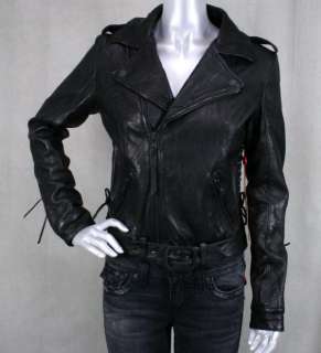   brand Womens Lace up LEATHER biker motorcycle jacket black  