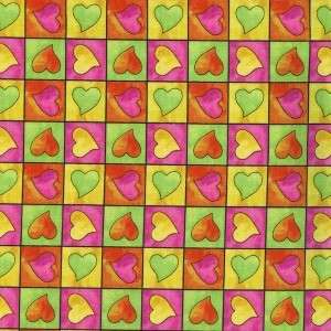 NEON HEARTS IN SQUARES MULTICOLOR~ Cotton Quilt Fabric  