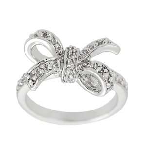  White Cubic Zirconia Bow Ring Rhodium Plated Brass Lead 