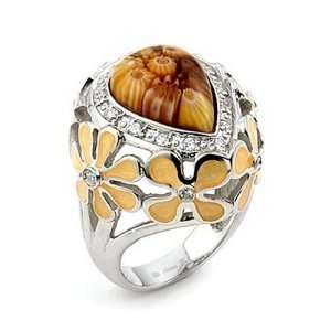  Brown Drop Murano Glass Millefiori Sterling Silver Ring 