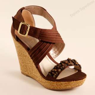 New Womens Qupid Beaded Strap Platform Wedges Sandals Brown Open Toe 
