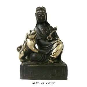  Silver Black Metal Kwan Yin Fu Dog Statue Ass953