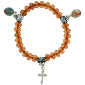 Amber Gem Religious Bracelet with 8mm Faceted Rondell Beads   Cross 