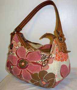   pink orange brown mauve Floral Canvas & Leather hobo bag purse flowers