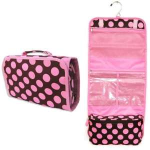    Brown Pink Polka Dot Travel Hanging Cosmetic Case Bag Beauty