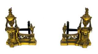 Pair of Antique Gilt Bronze Andirons Chenets Old.  