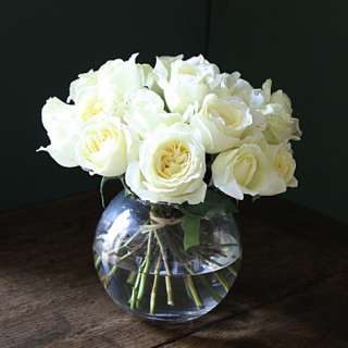 Ivory 20 rose bouquet with orb vase   THE REAL FLOWER COMPANY 