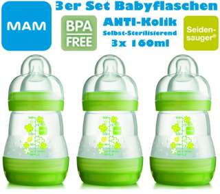 MAM 3x160ml Anti Kolik Flaschen (grün) BPA frei / MW Sterilisator 