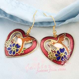 Pairs Colors Cloisonne Peace Of Birds Heart Shape Earrings  