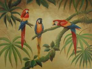 36x48 Oil Painting Art Parrots Palm Trees Red Blue  