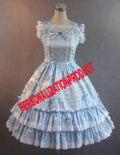 Sweet lolita Ball Gown Saloon girl white Lace cosplay knee length blue 
