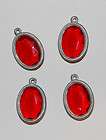 VINTAGE 4 RUBY RED PLASTIC OVAL PENDANT BEADS SILVER TO