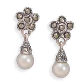 925 Sterling Silver Marcasite Faux Pearl Earrings  