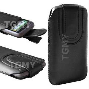 BLACK LEATHER FLIP PULL UP POUCH CASE FOR HTC DESIRE S  