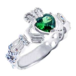  White Gold Diamond Claddagh Ring 0.40 Carats with Emerald 