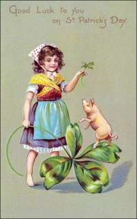 St. Patricks Day Girl w Pig Lucky Shamrock REPRO GREETING CARD  