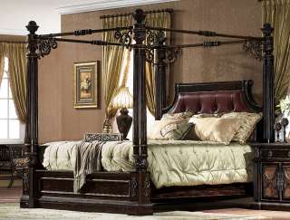 Antique Chestnut Carved King Size Canopy Bed w/ Leather  