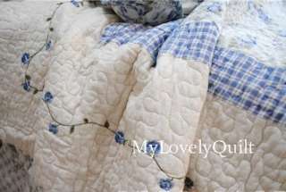 BLUE Country ROSE Embroidery Patchwork Quilted BEDSPREAD Quilt 3pc set 