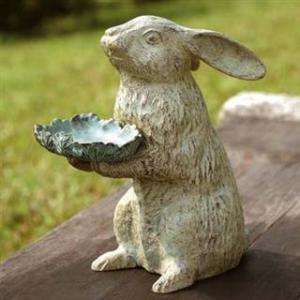 Bunny Rabbit Holding Leaf Bird Feeder Bath Garden Sculpture Verde 