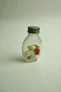 antique small glass bottles, original pill bottle, pills, shoe polish 