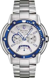Bulova Mens Blue Bezel Silver Dial Day/Date Marine Star 100M Watch 