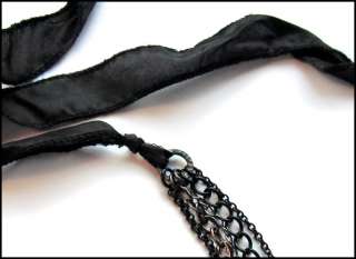 Necklace Gothic Black Red Gunmetal Chains Silk Ribbon  