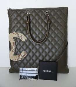Authentic & RARE Chanel Ligne Cambon Lambskin Olive Python Tote Bag 