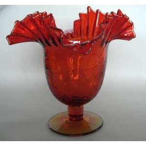  Blenko   Handblown   Ruffled Crackle Glass Vase 