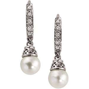    14K White Gold Freshwater Pearl Diamond Drop Earrings Jewelry