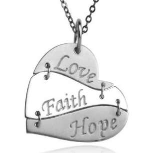 LOVE FAITH HOPE Sterling Silver Heart Pendant Necklace in Unique 