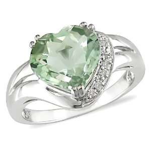 10k White Gold Green Amethyst and Diamond Heart Ring,( .01 cttw, G H 