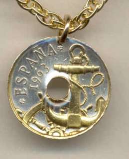 Gold on Silver Spanish 50 Centimes Anchor Coin Necklace  