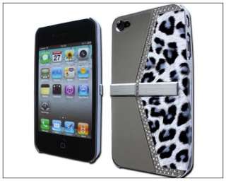   Rhinestone Leopard Wallet Hard Case Cover iPhone 4 4S 4G Gray  