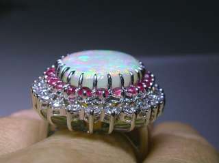   Cabachon 20.25ct Opal Diamond Ruby Double Halo Ring 18kt White Gold