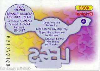 Ty BBOC Red LEGS Series I S1 Original Nine Acetate Beanie Baby Card 