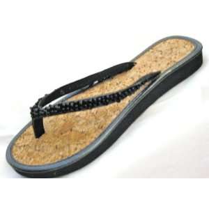  Womens BLACK BEADED Thong Flip Flop Sandals  Size L(9 10 