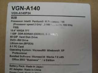SONY VAIO VGN A140P 15.4 LAPTOP NOTEBOOK 60GB WINDOWS XP DVDRW SILVER 
