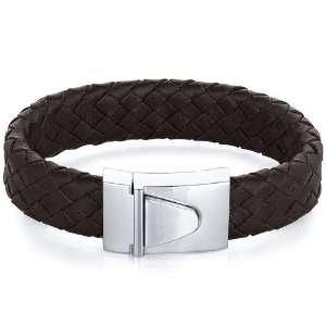    Mens Buckle Style Brown Woven Leather Bracelet: peora: Jewelry