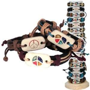  Ceramic Peace Symbol on Leather Bracelet 