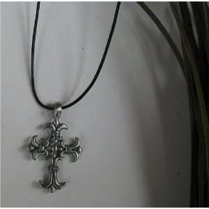    Knights Cross Pendant Black Leather Necklace 