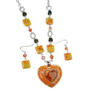  Orange Glass Heart Bead Necklace Earring Fashion Jewelry 