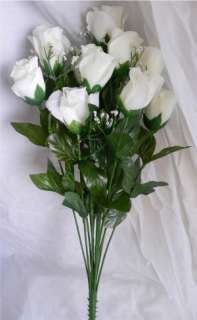 14 ROSES WHITE Long Stem Silk Flower Bush Wedding Bridal Bouquet DIY 