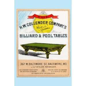 The H.W. Collender Companys World Renown Billiard & Pool Tables 28x42 