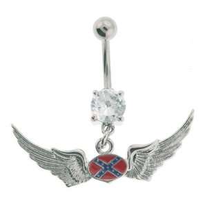  316L Surgical Steel Angel Wings Rebel Flag Dangle Belly Ring 