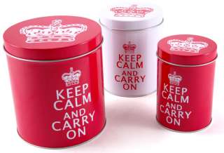   CALM & CARRY ON Red White NESTED STORAGE TINS By Creative Tops  