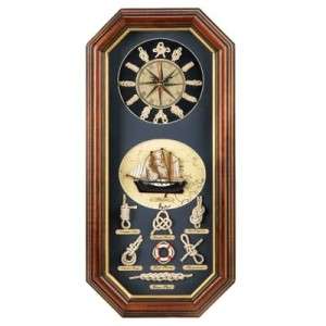   Shadowbox WALL CLOCK~Compass Dial, Rope Knots, Ship, Map~Wood Frame